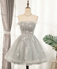 Evening Dress Formal, Gray Sweetheart Lace Tulle Short Prom Dress, Gray Cocktail Dress