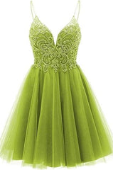 Beauty Dress Design, A-line Straps Appliques Tulle Short Homecoming Dress