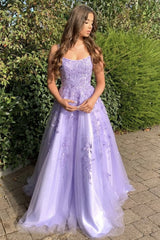 Formal Dress Shops Near Me, A Line Thin Strap Purple Lace Long Prom Dress, Purple Lace Formal Dress, Purple Evening Dress