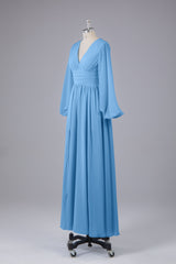 Debutant Dress, Elegant Long Sleeves V Neck Chiffon Long Bridesmaid Dresses