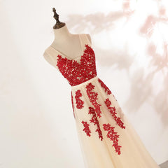 Sparklie Dress, Ivory Tulle With Red Lace Applique V Neckline Prom Dress