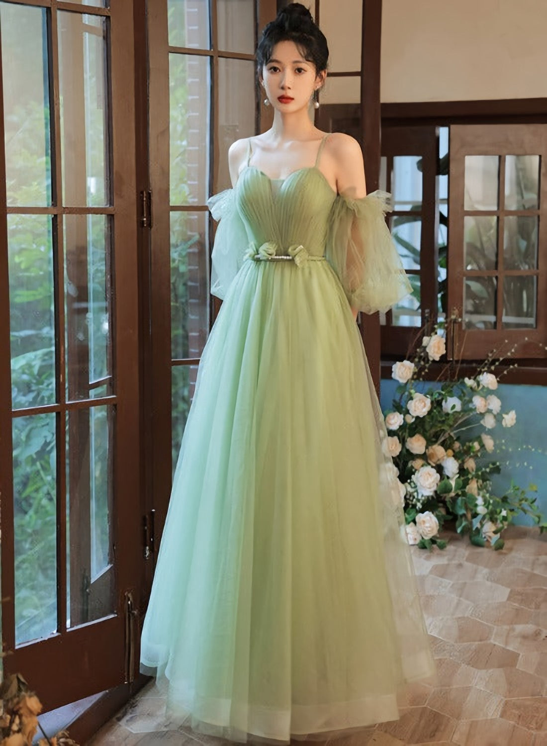 Formal Dress Style, Light Green Tulle Simple Sweetheart Party Dresses, Green Long Prom Dresses