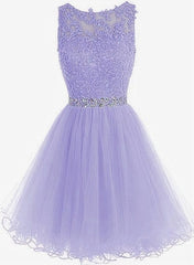 Party Fitness, Cute Round Neck Lace Short Purple Prom Dresses, Purple Homecoming Dresses