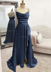 Bridesmaid Dresses 3 34 Length, A-line Bateau Spaghetti Straps Long/Floor-Length Satin Prom Dress With Pleated Split