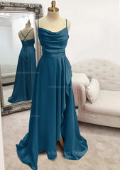 Bridesmaid Dress As Wedding Dress, A-line Bateau Spaghetti Straps Long/Floor-Length Satin Prom Dress With Pleated Split