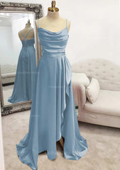 Bridesmaids Dress Websites, A-line Bateau Spaghetti Straps Long/Floor-Length Satin Prom Dress With Pleated Split