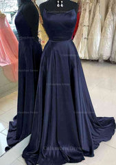 Dress Aesthetic, A-line Bateau Spaghetti Straps Sweep Train Charmeuse Prom Dress