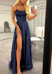 Prom Dresses Boutique, A-line Bateau Spaghetti Straps Sweep Train Charmeuse Prom Dress With Split