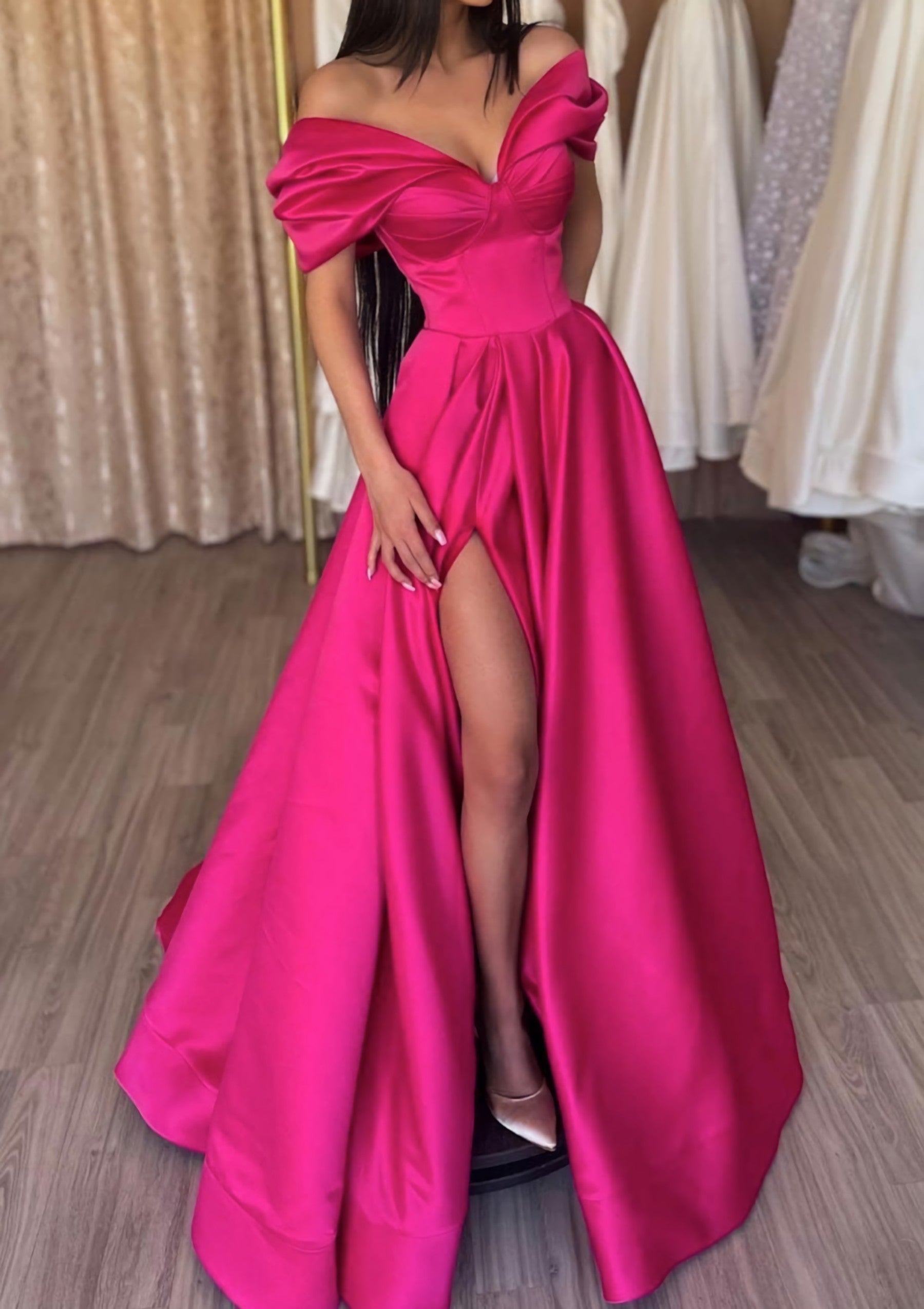 Prom Dress Size 45, A-line Off-the-Shoulder Short Sleeve Satin Long/Floor-Length Prom Dress With Ruffles Split