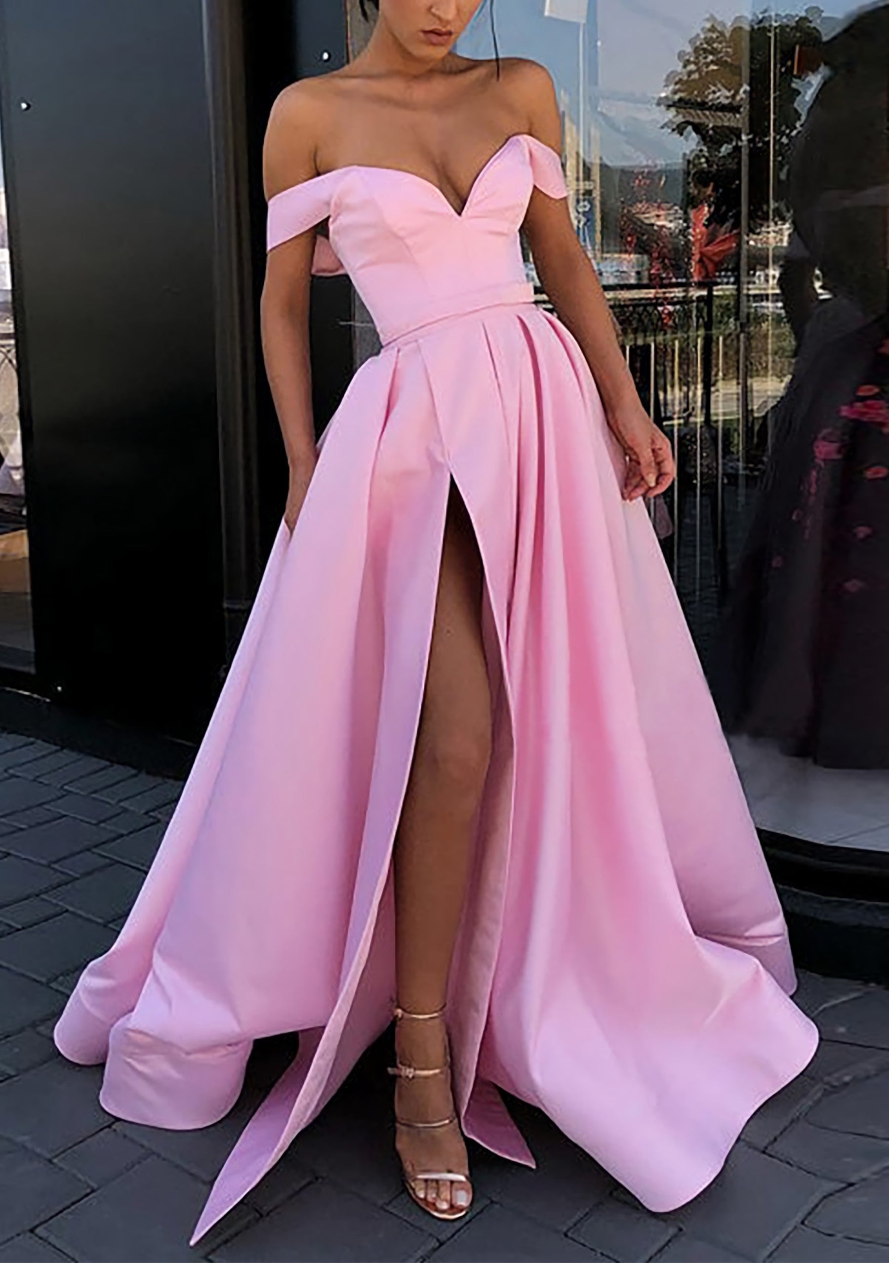 Black Tie Dress, A-line Off-the-Shoulder Strapless Long/Floor-Length Satin Prom Dress With Split