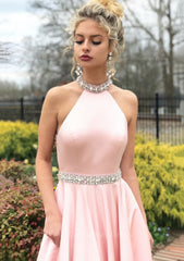 Party Dress Hair Style, A-line/Princess High-Neck Sleeveless Sweep Train Satin Prom Dress With Waistband Beading