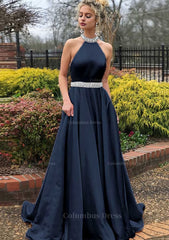 Party Dress Dress Up, A-line/Princess High-Neck Sleeveless Sweep Train Satin Prom Dress With Waistband Beading