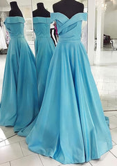 Bridesmaids Dresses Wedding, A-line/Princess Off-the-Shoulder Sleeveless Sweep Train Satin Prom Dress