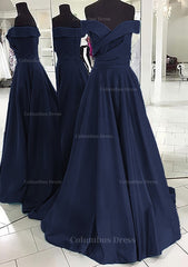 Bridesmaid Dress Wedding, A-line/Princess Off-the-Shoulder Sleeveless Sweep Train Satin Prom Dress