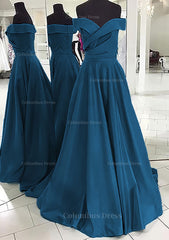 Bridesmaid Dresses Weddings, A-line/Princess Off-the-Shoulder Sleeveless Sweep Train Satin Prom Dress