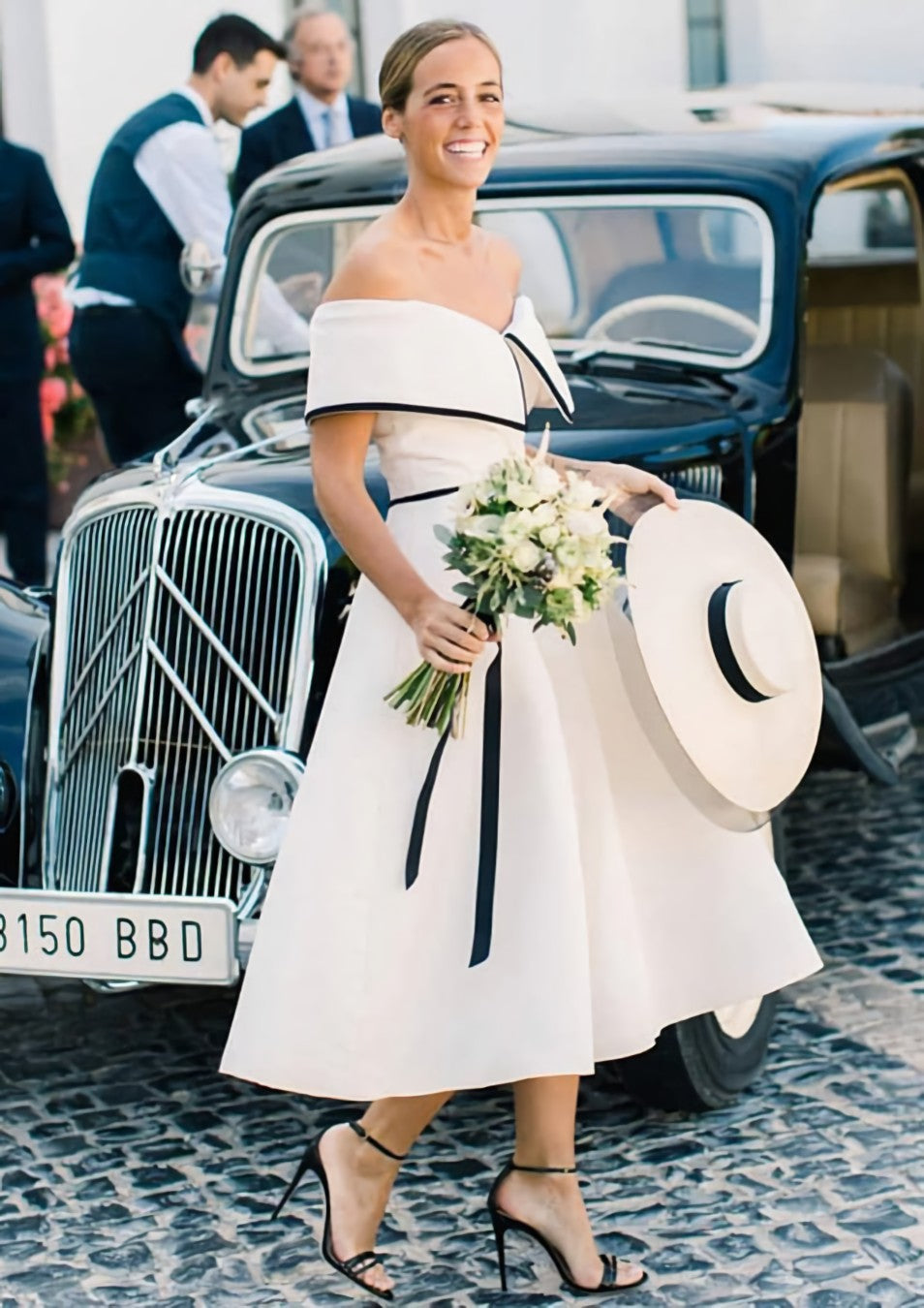 Party Dress Pattern, A-line/Princess Off-the-Shoulder Sleeveless Tea-Length Satin Bridesmaid Dresses With Low Back