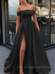 Evening Dresses Online, A-Line/Princess Off-the-Shoulder Sweep Train Satin Prom Dresses With Leg Slit