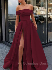 Evening Dress Elegant, A-Line/Princess Off-the-Shoulder Sweep Train Satin Prom Dresses With Leg Slit