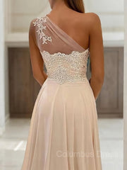 Bridesmaid Dress Blush Pink, A-Line/Princess One-Shoulder Sweep Train Chiffon Prom Dresses With Leg Slit