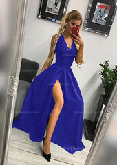 Party Dresses For 15 Year Olds, A-line/Princess Scalloped Neck Sleeveless Long/Floor-Length Elastic Satin Prom Dress With Lace Split