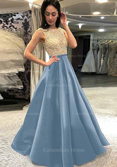 Country Wedding Dress, A-line/Princess Scoop Neck Sleeveless Long/Floor-Length Satin Prom Dress With Beading