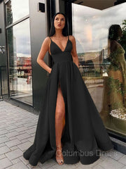 Prom Dress Under 126, A-Line/Princess Spaghetti Straps Floor-Length Satin Prom Dresses With Leg Slit