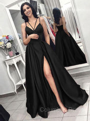 Prom Inspo, A-Line/Princess Spaghetti Straps Sweep Train Satin Evening Dresses With Pockets