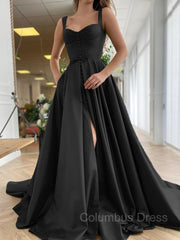 Formal Dress Vintage, A-Line/Princess Straps Court Train Satin Prom Dresses With Pockets