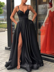 Wedding Guest Dress Summer, A-Line/Princess Straps Sweep Train Satin Prom Dresses With Leg Slit