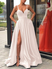 Orange Dress, A-Line/Princess Straps Sweep Train Satin Prom Dresses With Leg Slit