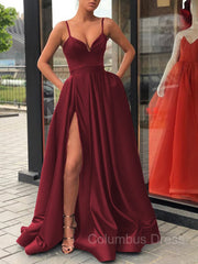 Summer Wedding Guest Dress, A-Line/Princess Straps Sweep Train Satin Prom Dresses With Leg Slit