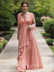 Bridesmaids Dresses Gold, A-Line/Princess V-neck Floor-Length Chiffon Mother of the Bride Dresses With Ruffles