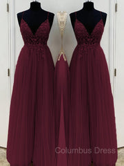 Dress Ideas, A-Line/Princess V-neck Floor-Length Tulle Prom Dresses With Beading