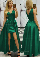 Party Dresses Weddings, A-line/Princess V Neck Sleeveless Asymmetrical Satin Prom Dress With Pleated