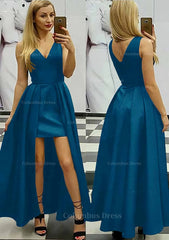 Party Dresses Wedding, A-line/Princess V Neck Sleeveless Asymmetrical Satin Prom Dress With Pleated