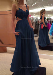 Bridesmaid Dresses Long Sleeves, A-line/Princess V Neck Sleeveless Long/Floor-Length Chiffon Prom Dress With Lace Beading