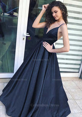 Wedding Dress Guest, A-line/Princess V Neck Sleeveless Long/Floor-Length Satin Prom Dress