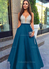 Prom Dresses Long Mermaide, A-line/Princess V Neck Sleeveless Long/Floor-Length Satin Prom Dresses With Sequins