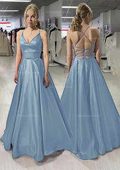 Homecomeing Dresses Black, A-line/Princess V Neck Sleeveless Satin Long/Floor-Length Prom Dress