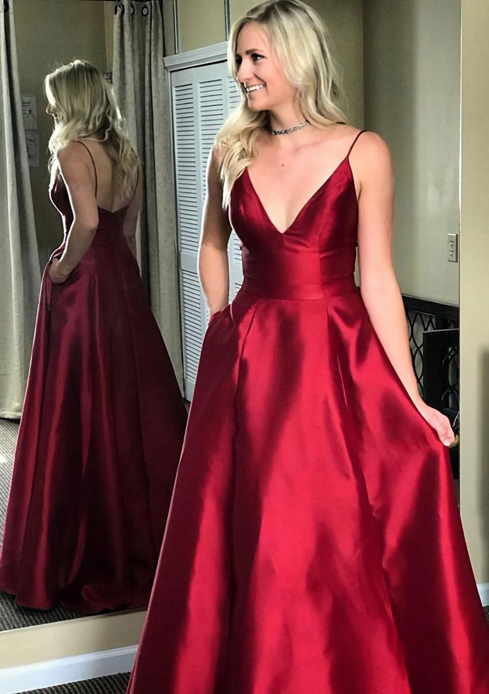 Party Dresses For Summer, A-line/Princess V Neck Sleeveless Sweep Train Satin Prom Dresses