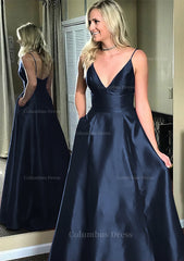 Party Dresses For Teenage Girls, A-line/Princess V Neck Sleeveless Sweep Train Satin Prom Dresses