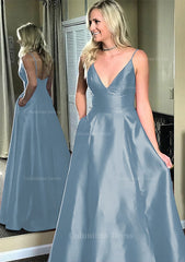 Party Dress For Teenage Girl, A-line/Princess V Neck Sleeveless Sweep Train Satin Prom Dresses