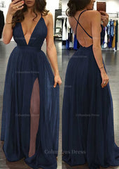 Vintage Prom Dress, A-line/Princess V Neck Sleeveless Sweep Train Tulle Prom Dress