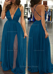 Prom Theme, A-line/Princess V Neck Sleeveless Sweep Train Tulle Prom Dress