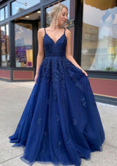 Prom Dress Inspiration, A-line/Princess V Neck Sweep Train Lace Prom Dresses