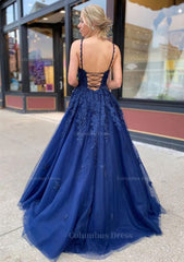 Party Dresses, A-line/Princess V Neck Sweep Train Lace Prom Dresses