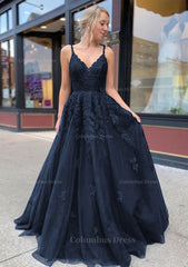 Party Dress Long Sleeve Maxi, A-line/Princess V Neck Sweep Train Lace Prom Dresses