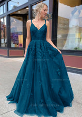 Party Dresses For 14 Year Olds, A-line/Princess V Neck Sweep Train Lace Prom Dresses