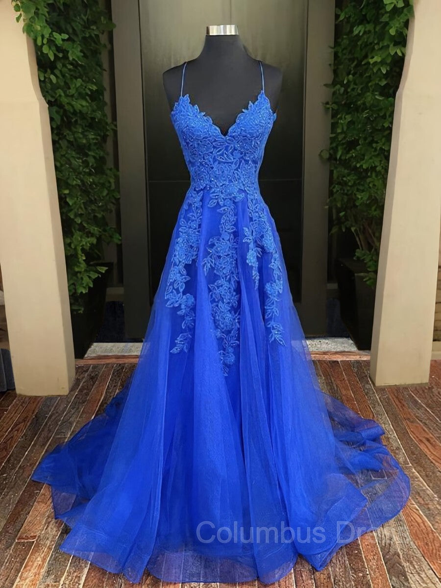 Party Dress Australia, A-Line/Princess V-neck Sweep Train Tulle Evening Dresses With Appliques Lace