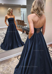 Prom Dresses Boho, A-line Scalloped Neck Sweep Train Satin Prom Dress With Pockets